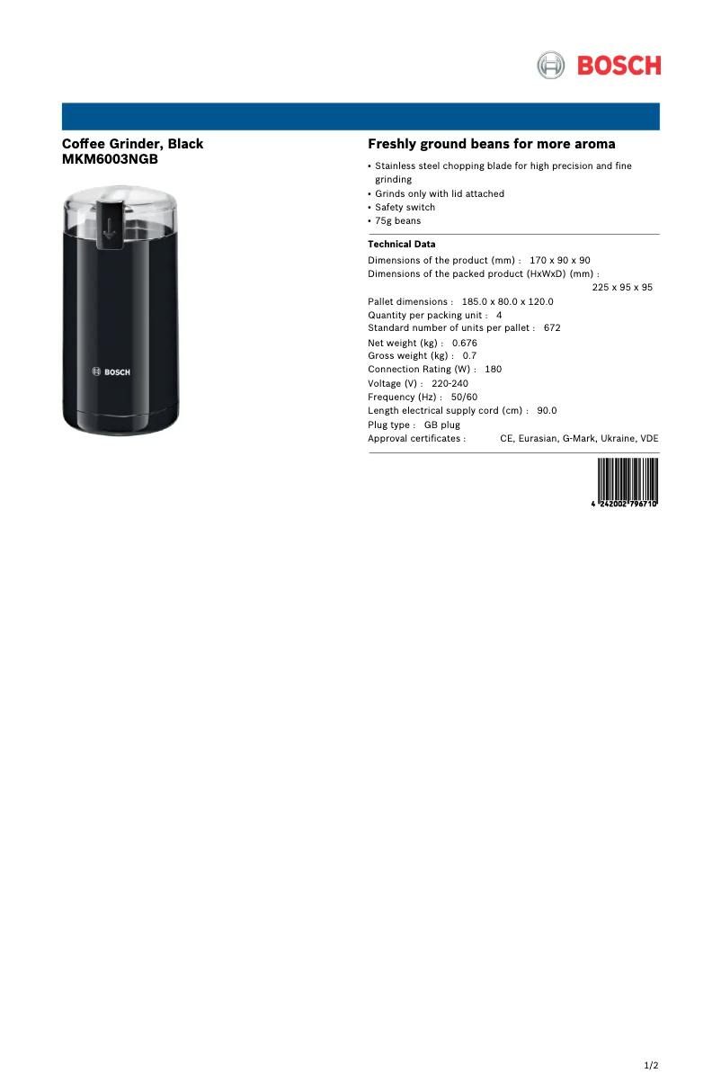 Page n°1 - Fiche technique Bosch MKM6003NGB