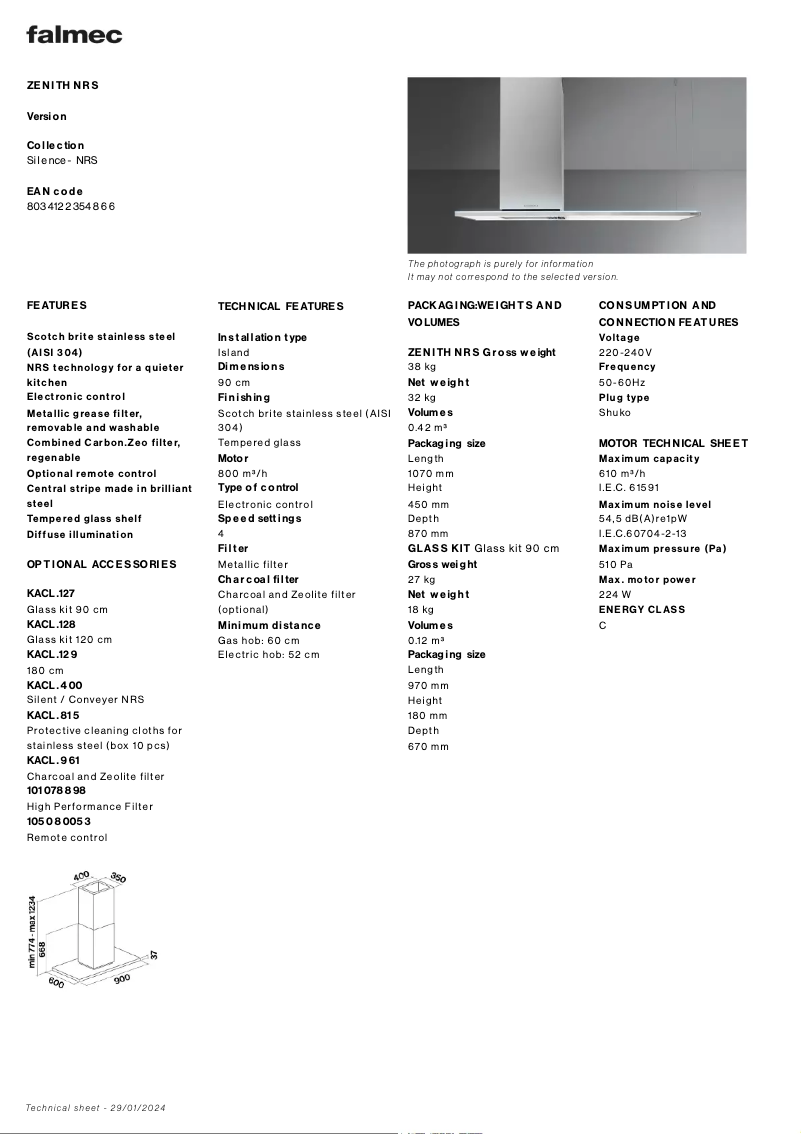 Page 1 de la notice Fiche technique Falmec Zenith NRS