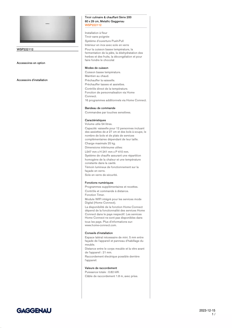 Page 1 de la notice Fiche technique Gaggenau WSP222112