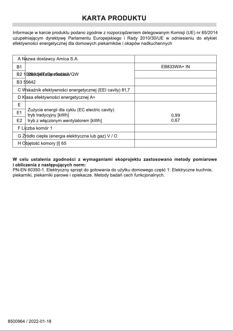 Página 1 del manual Ficha técnica Amica EB833WA+ IN