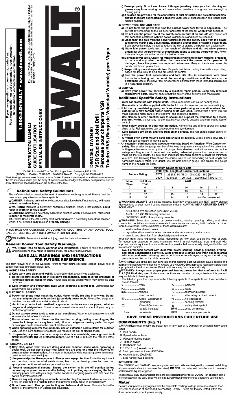 Page 1 de la notice Manuel utilisateur DeWalt DWD460K