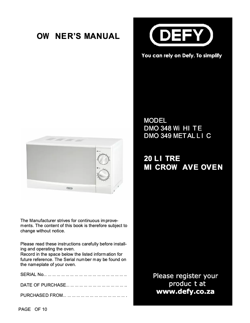 Page n°1 - Manuel utilisateur Defy DMO 349