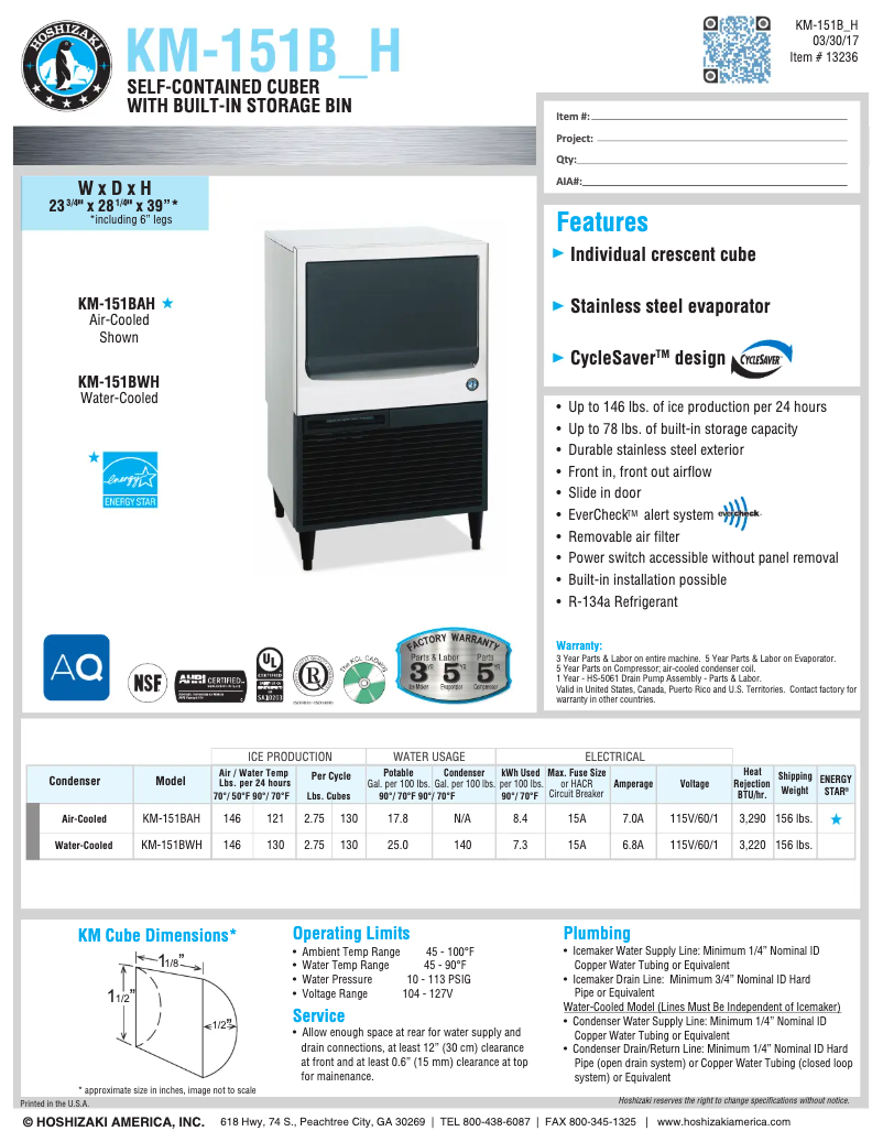 Page 1 de la notice Fiche technique Hoshizaki KM-151BWH