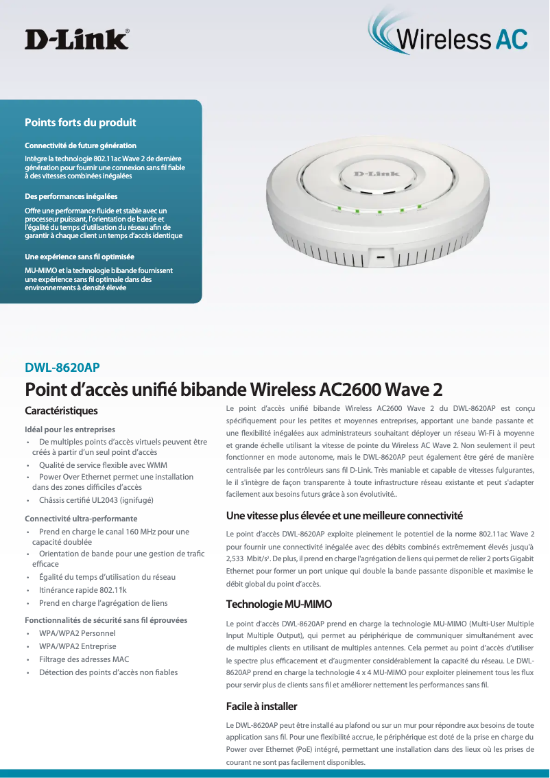 Page 1 de la notice Fiche technique D-Link DWL-8620APE