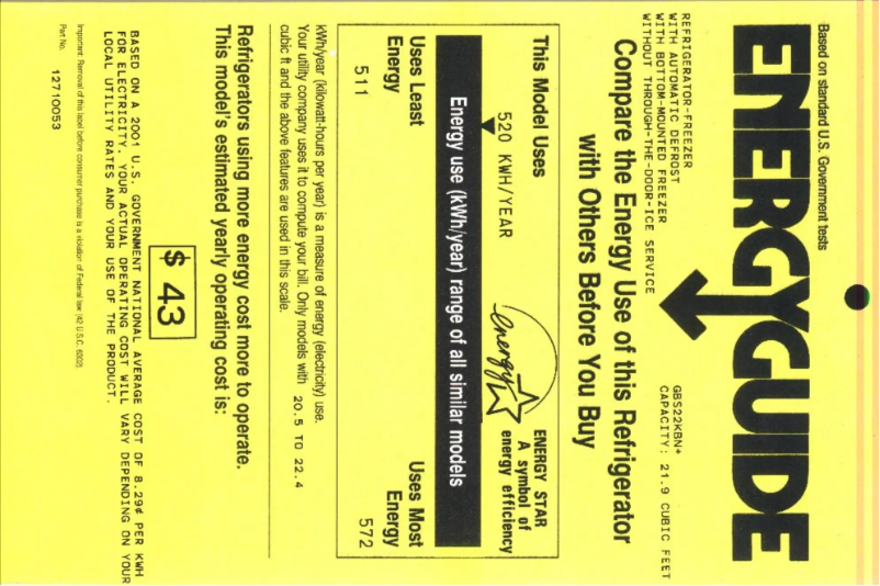 Page 1 de la notice Label énergétique GE GBS22KBNWW