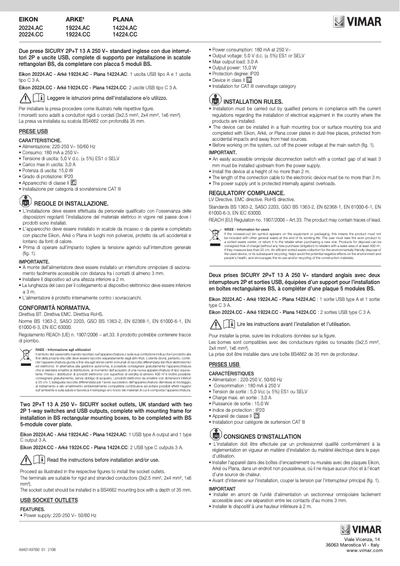 Page n°1 - Manuel utilisateur Vimar 14224.AC.SL