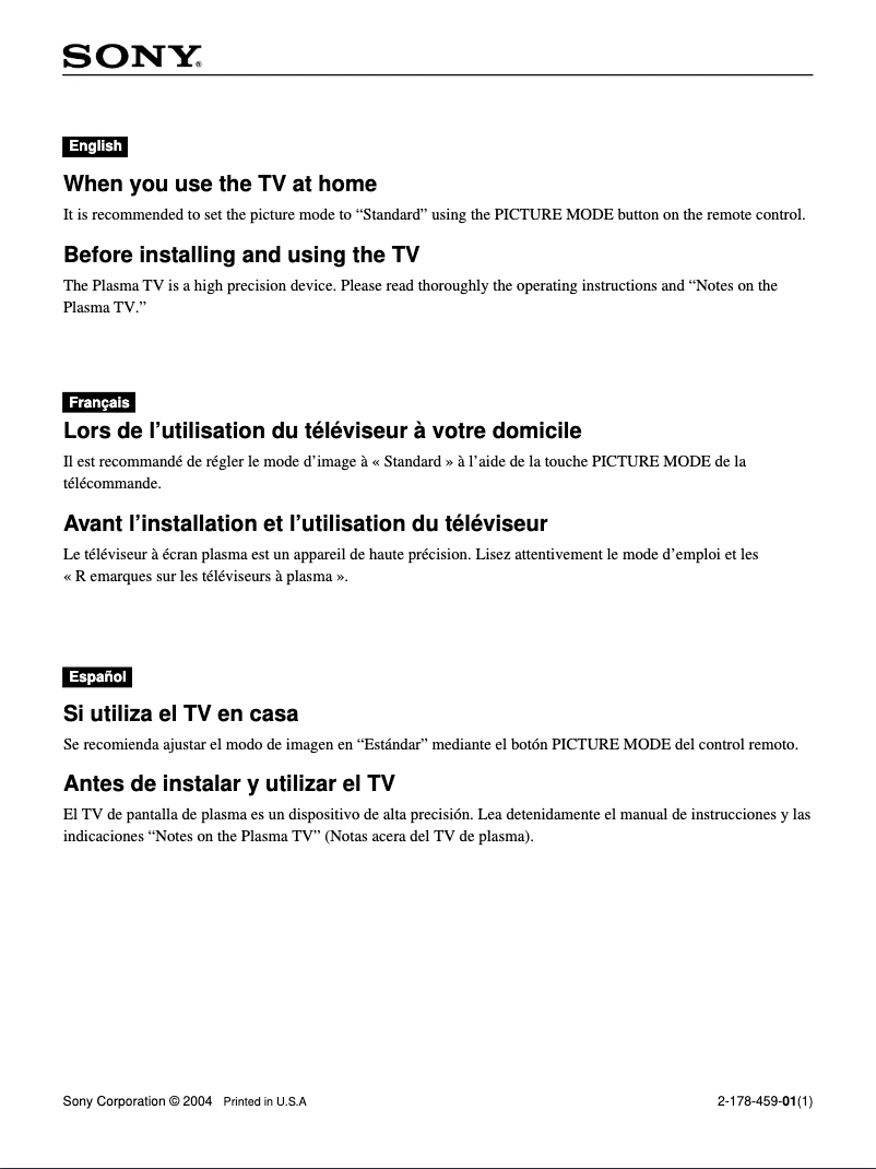 Page 1 de la notice Guide d'installation Sony KE-42M1
