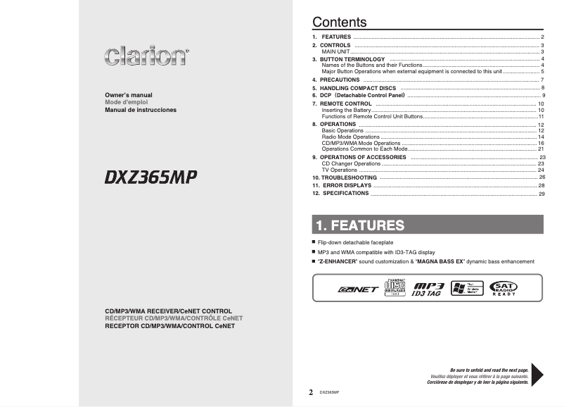 Page n°1 - Manuel utilisateur Clarion DXZ365MP