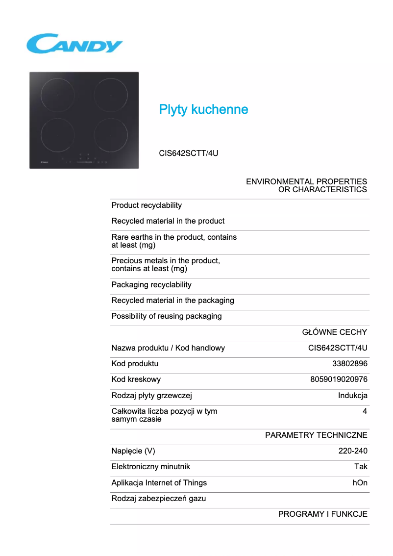 Page 1 de la notice Fiche technique Candy CIS642SCTT/4U