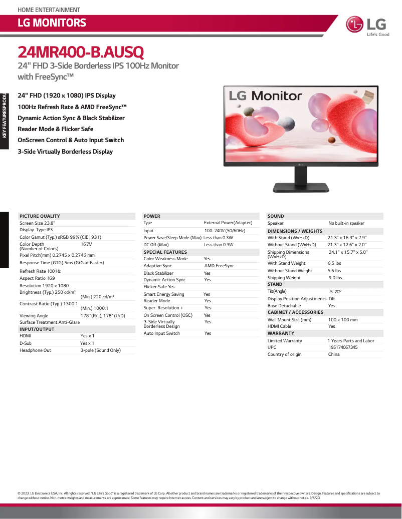 Page 1 de la notice Fiche technique LG 24MR400