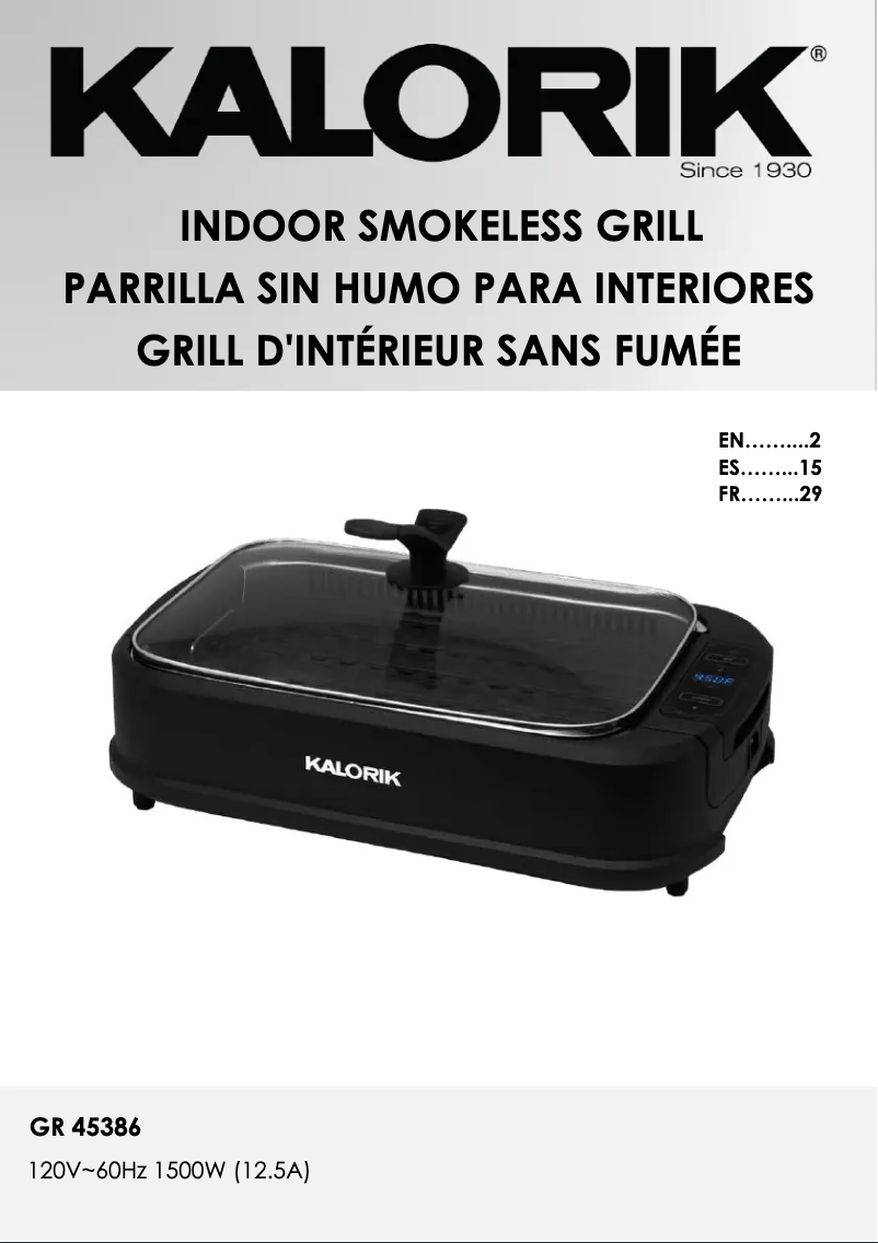 Page 1 de la notice Manuel utilisateur Kalorik GR 45386 BK