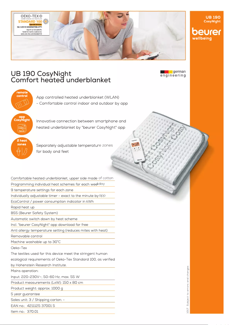 Page 1 de la notice Fiche technique Beurer UB 190 CosyNight