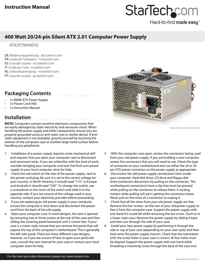 Page 1 de la notice Manuel utilisateur StarTech.com ATX2POW400HS