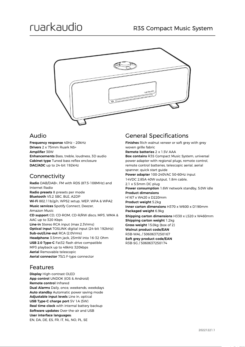 Página 1 del manual Ficha técnica Ruark Audio R3S