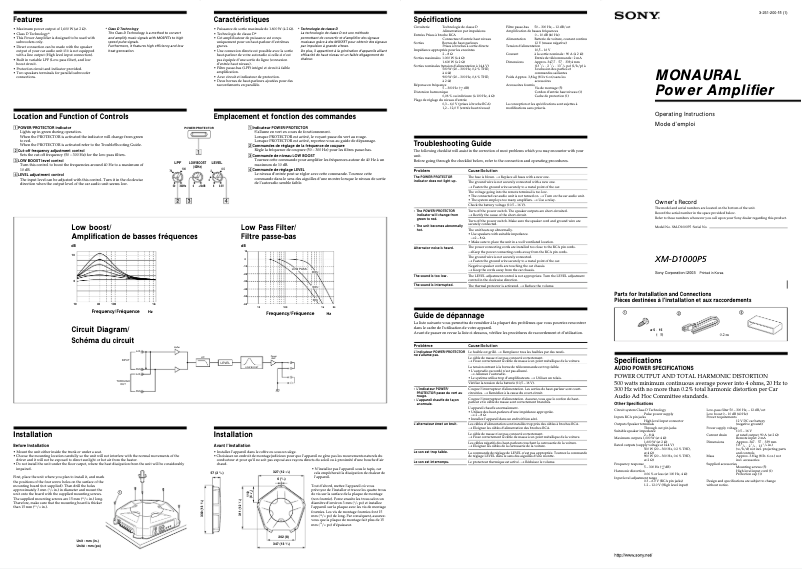 Page 1 de la notice Manuel utilisateur Sony XM-D1000P5