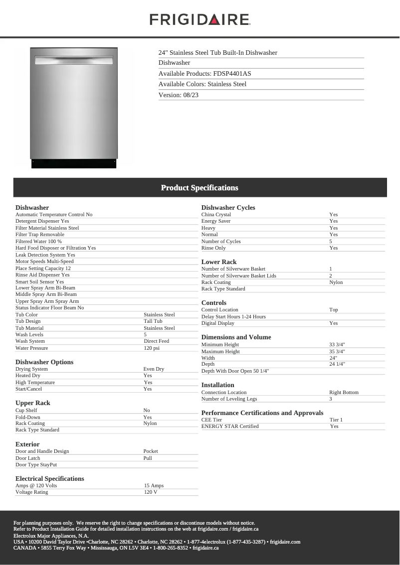 Page n°1 - Fiche technique Frigidaire FDSP4401AS