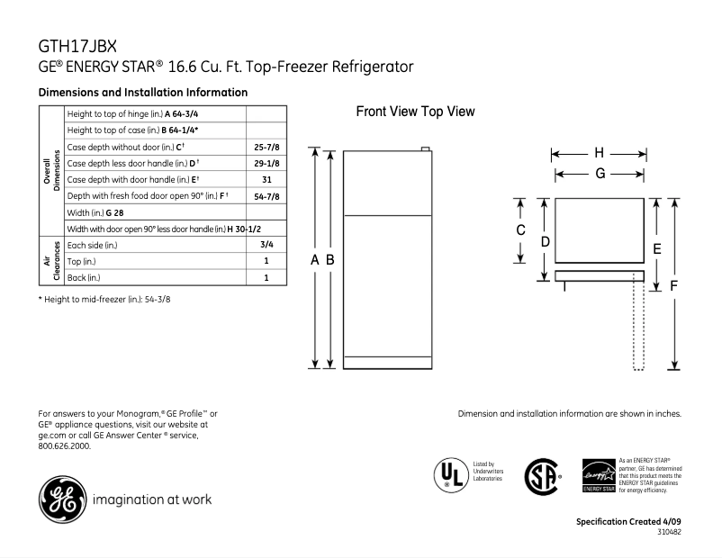 Page 1 de la notice Fiche technique GE GTH17JBXBB