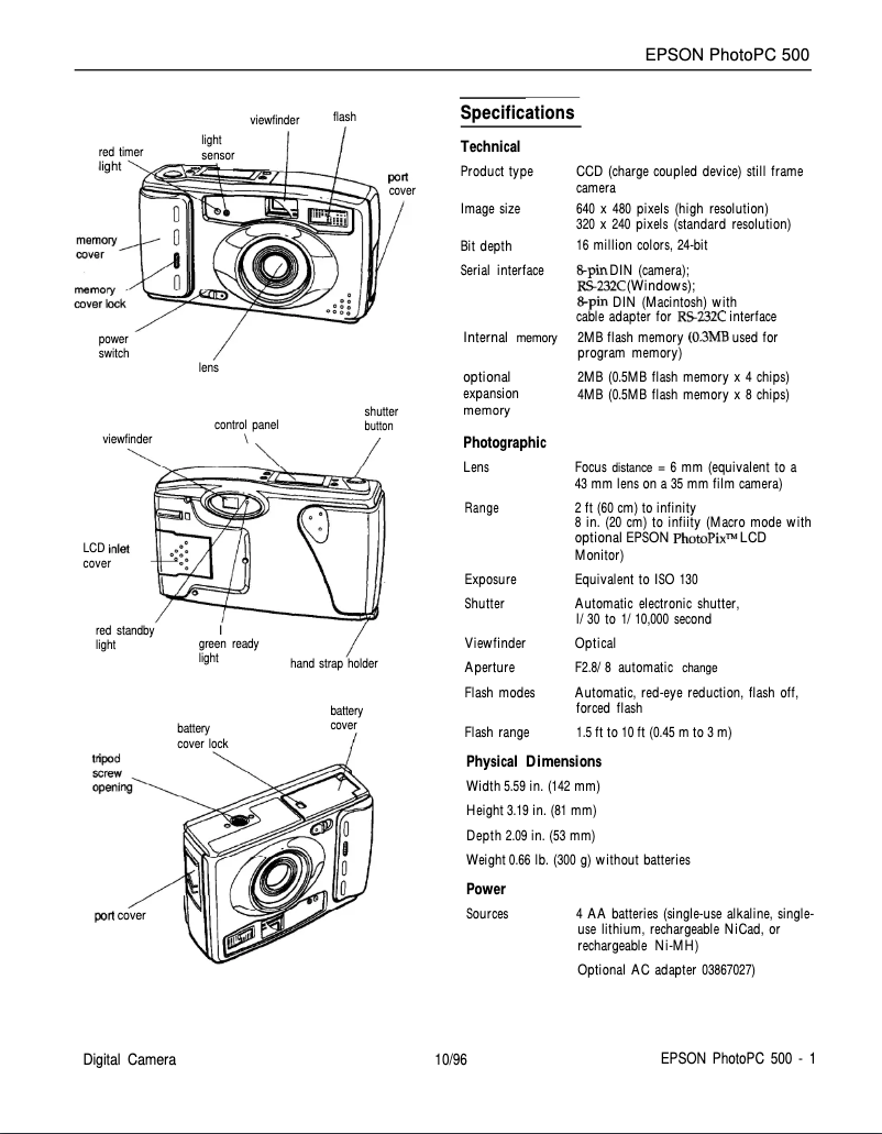 Page 1 de la notice Fiche technique Epson PhotoPC 500