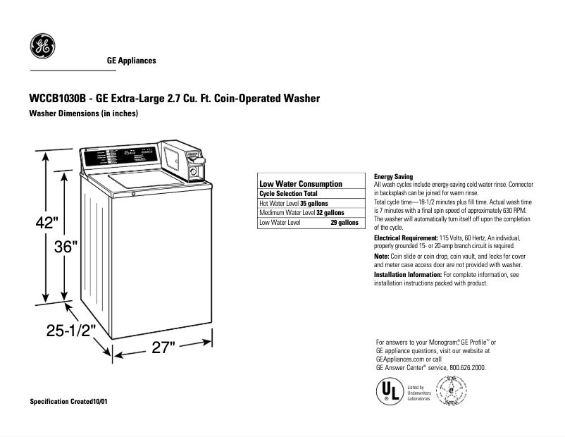 Page 1 de la notice Fiche technique GE WCCB1030BWC