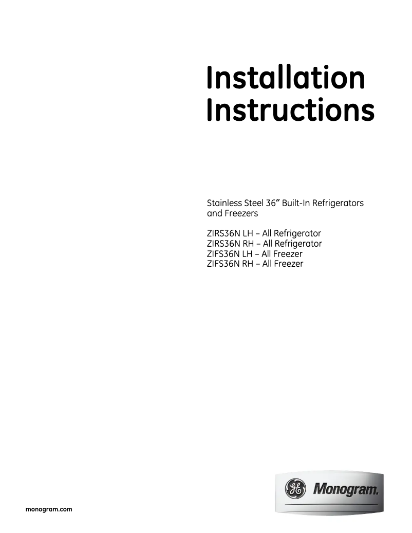 Page n°1 - Guide d'installation GE ZIRS36NDRH