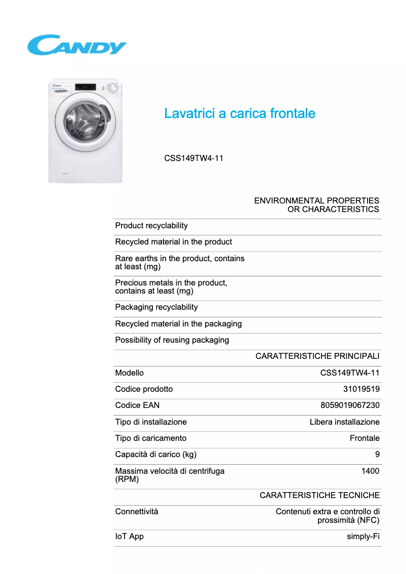 Page 1 de la notice Fiche technique Candy CSS149TW4-11