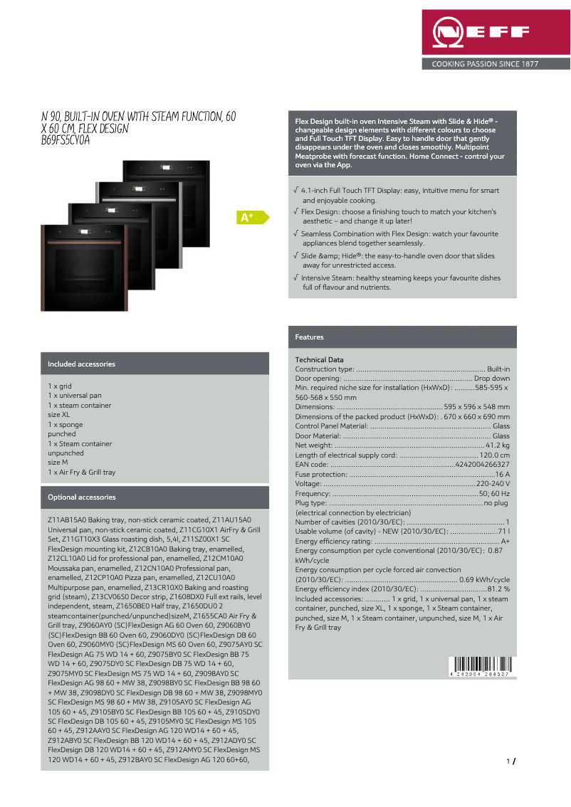 Page 1 de la notice Fiche technique Neff B69FS5CY0A
