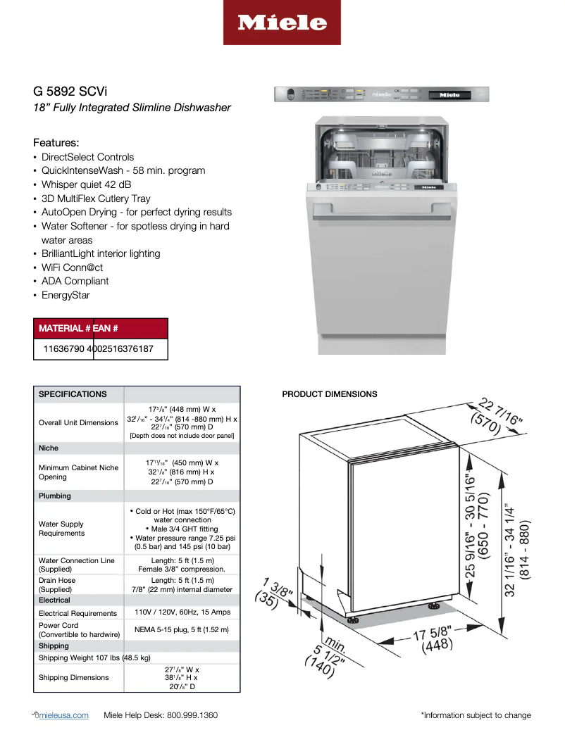 Page 1 de la notice Fiche technique Miele G 5892 SCVi