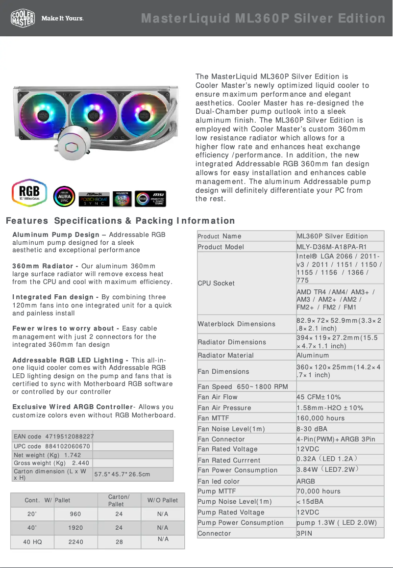 Page 1 de la notice Manuel utilisateur Cooler Master MasterLiquid ML360P Silver Edition