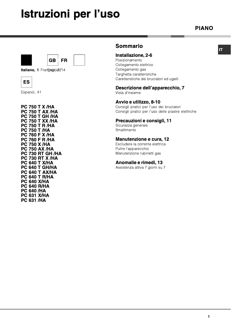 Page 1 de la notice Manuel utilisateur Hotpoint Ariston PC 730 RT GH /HA