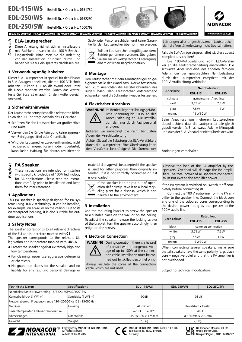 Página 1 del manual Manual de usuario Monacor EDL-115/WS