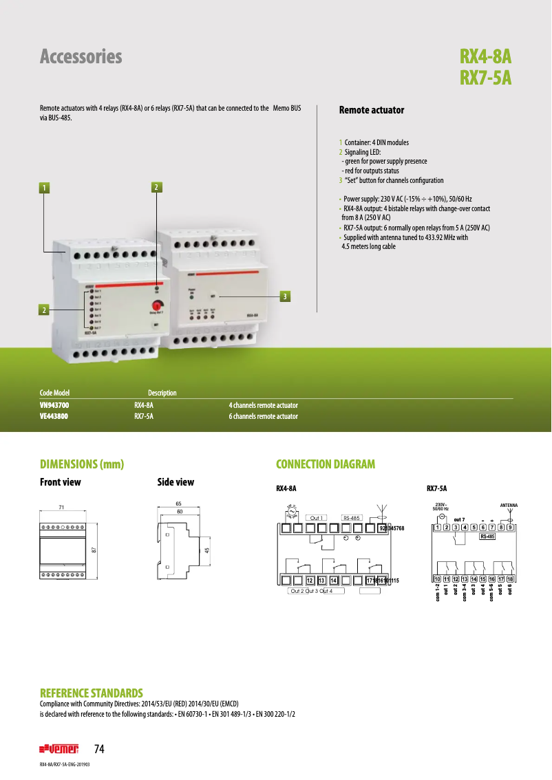 Page 1 de la notice Fiche technique Vemer RX4-8A
