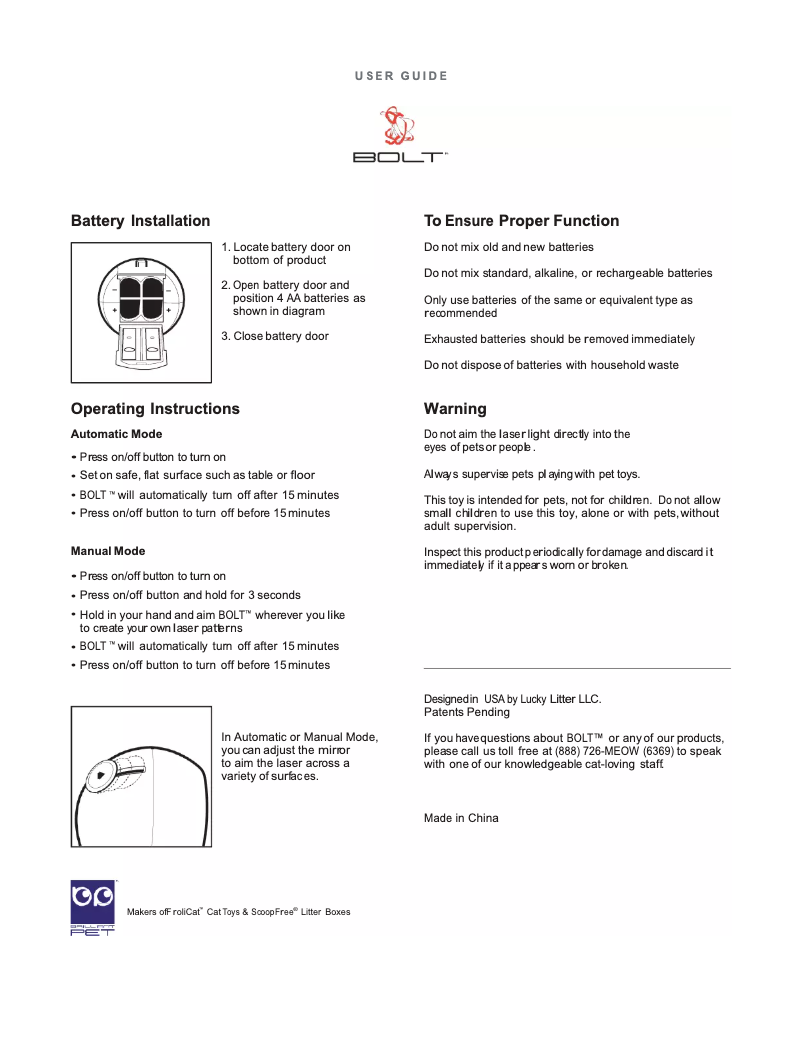 Imagen de la primera página del manual del dispositivo FroliCat Bolt