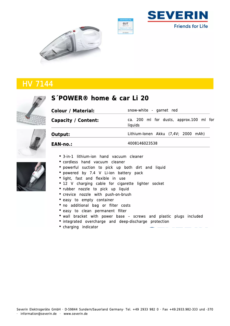 Page 1 de la notice Fiche technique Severin HV 7144