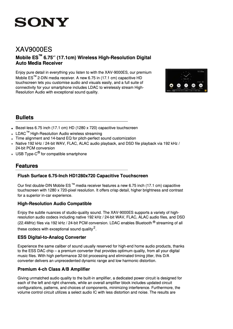 Page 1 de la notice Fiche technique Sony XAV-9000ES