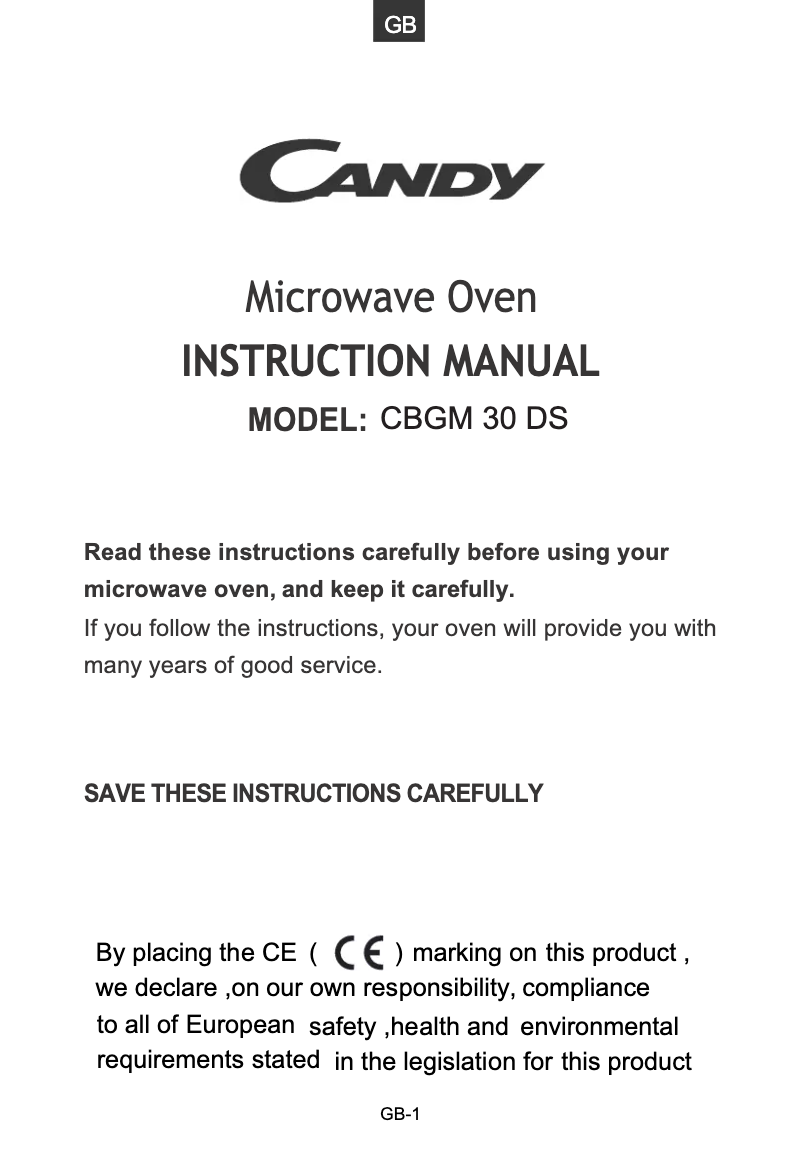 Page n°1 - Manuel utilisateur Candy CBGM30DS-UK