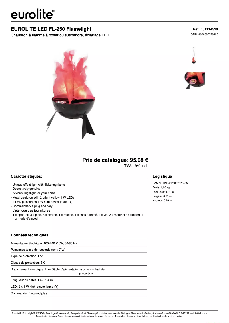 Page 1 de la notice Fiche technique Eurolite FL-250