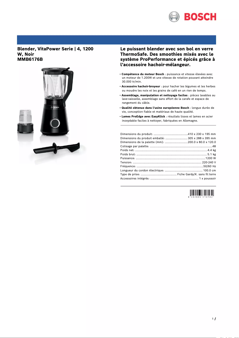 Page 1 de la notice Fiche technique Bosch VitaPower MMB6176B