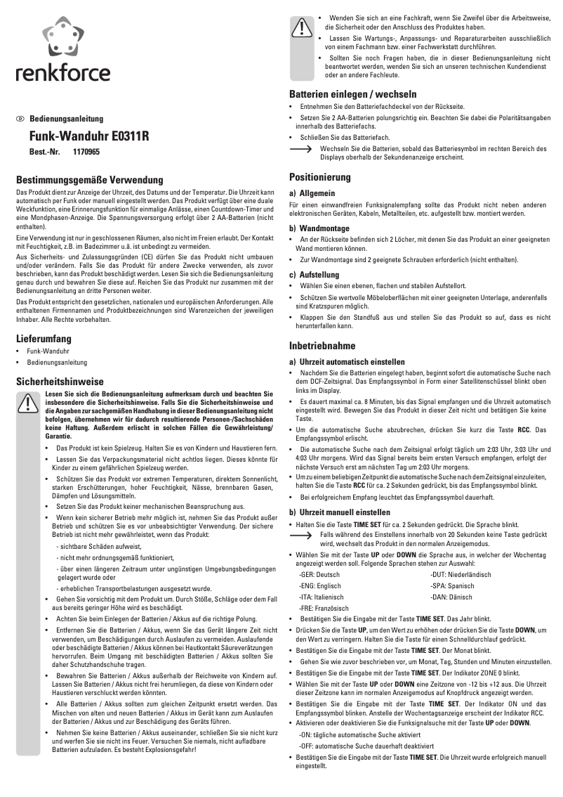 Page 1 de la notice Manuel utilisateur Renkforce E0311R
