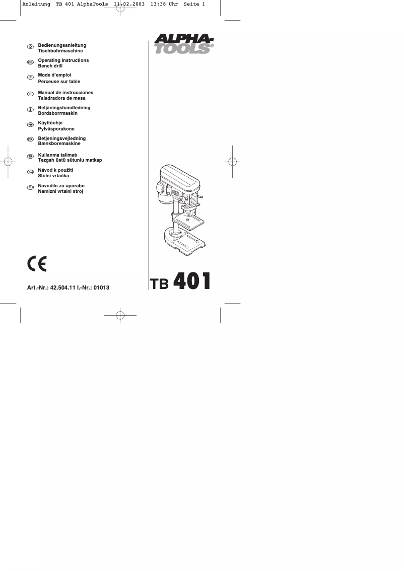 Page 1 of the manual User Manual Alpha Tools TB 401
