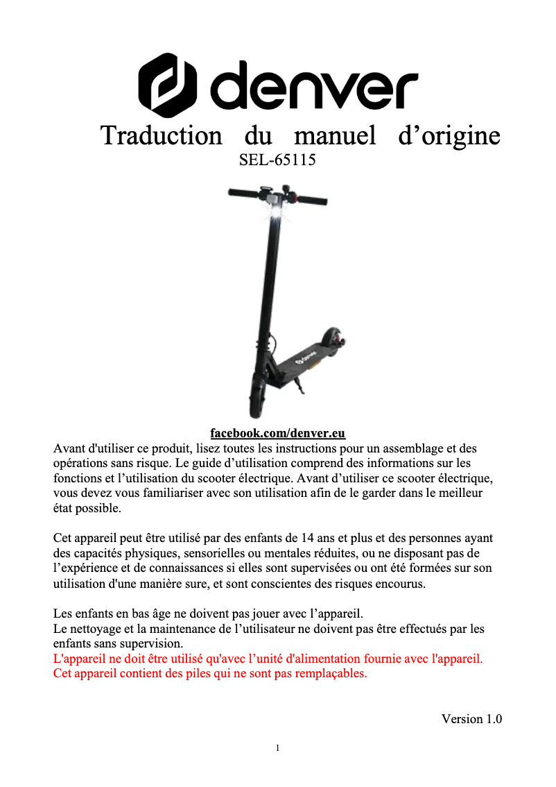 Page n°1 - Manuel utilisateur Denver SEL-65115O