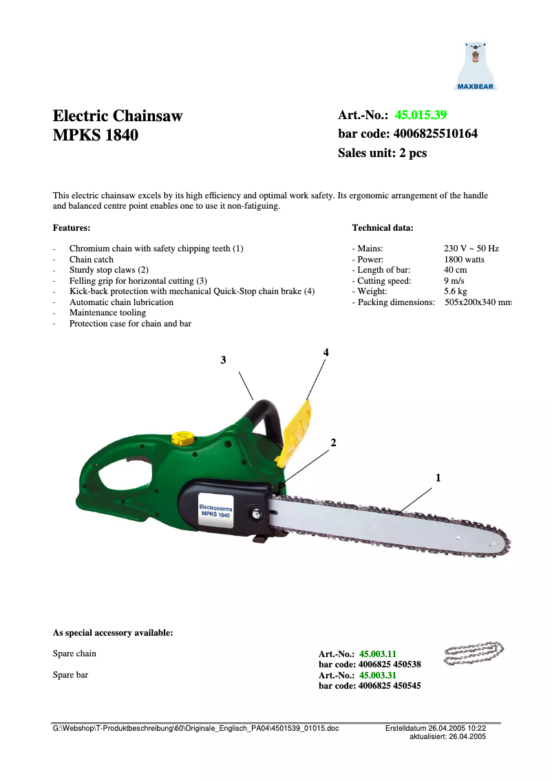 Page 1 de la notice Manuel utilisateur Maxbear MPKS 1840