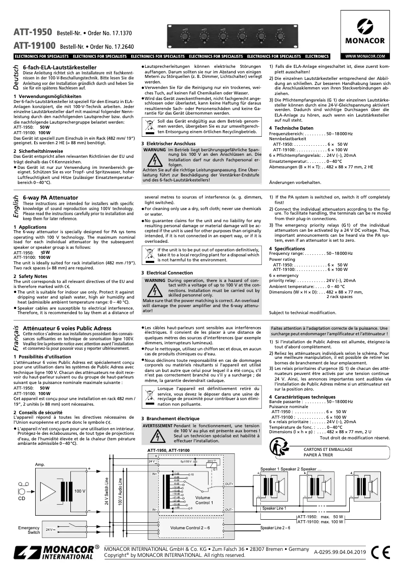 Page 1 de la notice Manuel utilisateur Monacor ATT-1950
