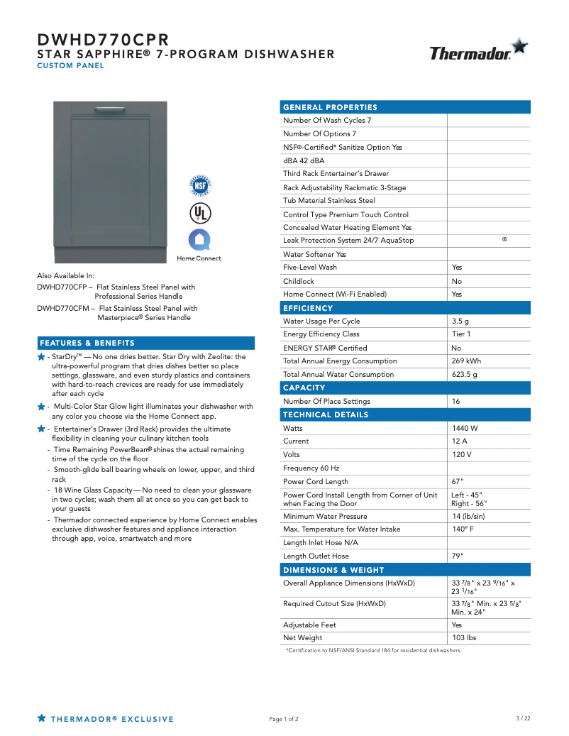 Page n°1 - Fiche technique Thermador DWHD770CPR