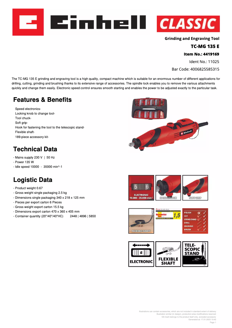 Page n°1 - Fiche technique Einhell TC-MG 135 E