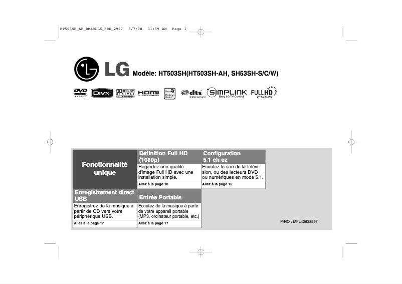 Page 1 de la notice Manuel utilisateur LG HT503SH