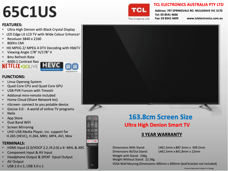 Page 1 de la notice Fiche technique TCL 65C1US