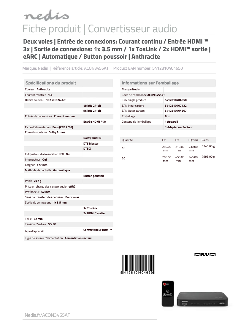 Page 1 de la notice Manuel utilisateur Nedis ACON3455AT