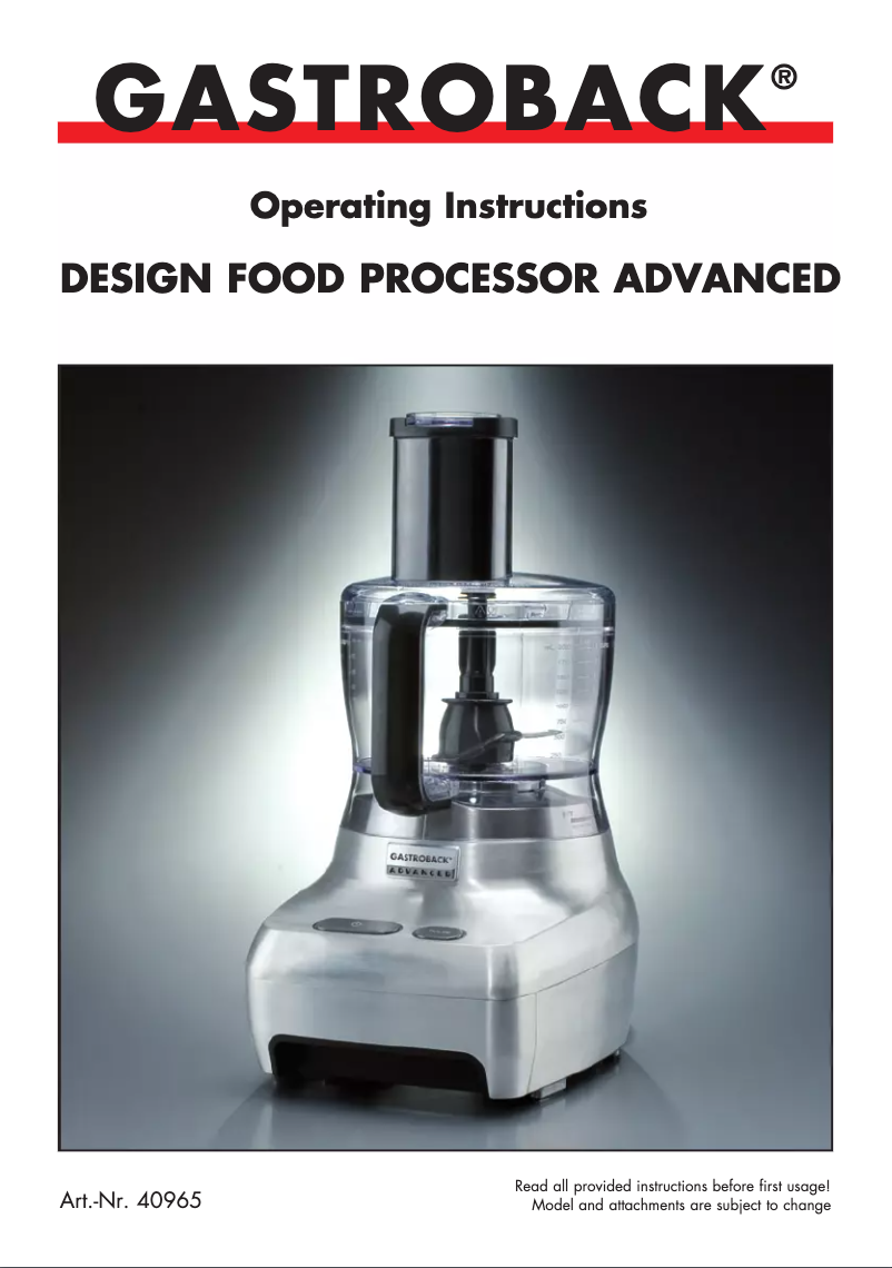 Page 1 de la notice Manuel utilisateur Gastroback Design Food Processor Advanced