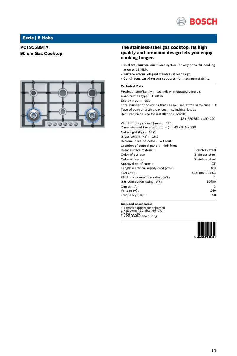 Página 1 del manual Ficha técnica Bosch PCT915B9TA