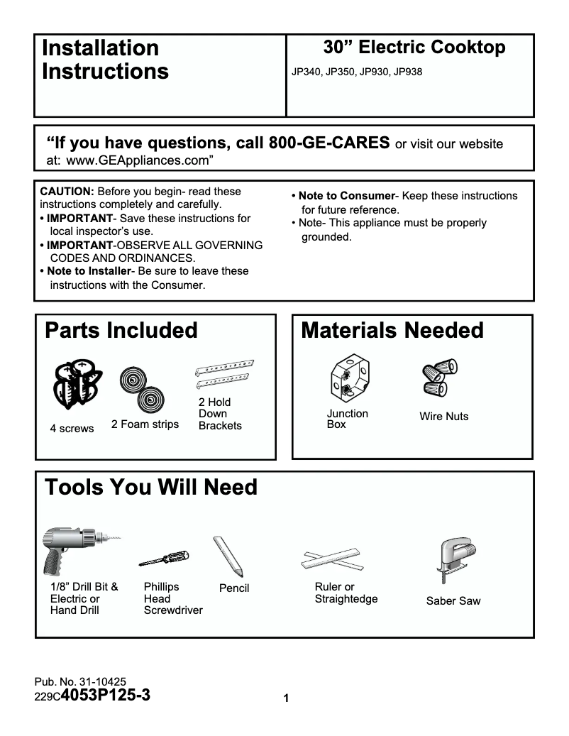 Page 1 de la notice Guide d'installation GE Profile Performance JP930CACC